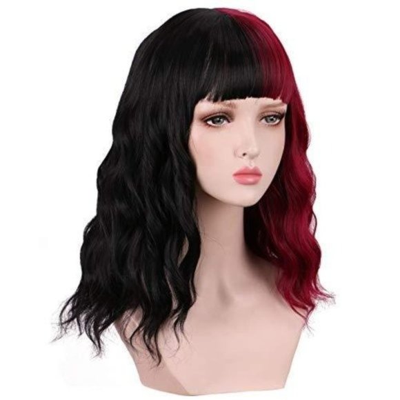Half Black half Red Curly Wig with Bangs - Picture 1 of 3